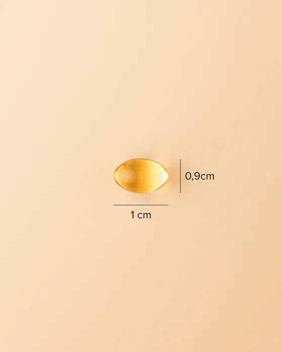 Tamanho real da cápsula de Super Ômega-3 TG 500 mg