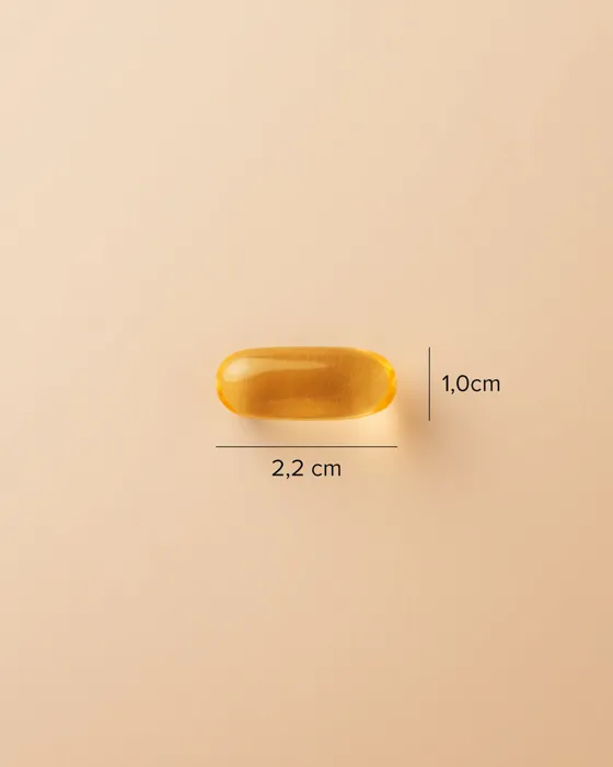 Tamanho real da cápsula de Super Ômega-3 TG